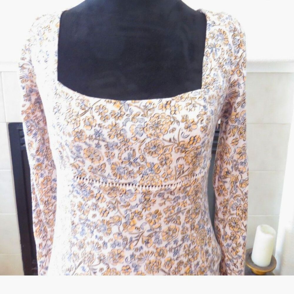 Free People Women's Boheme Floral Mini Dress Square Neck Boho Ivory 4 EUC - Picture 2 of 11